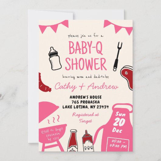 Handgezeichnete Minimalistische BaByQ-Girl-Babydus Einladung (Vorderseite)