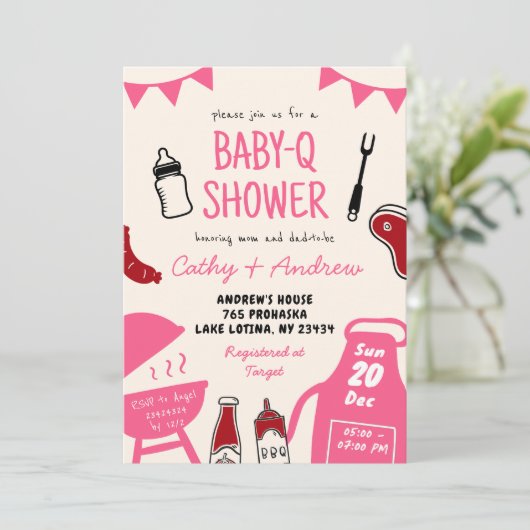 Handgezeichnete Minimalistische BaByQ-Girl-Babydus Einladung (Stehend Vorderseite)