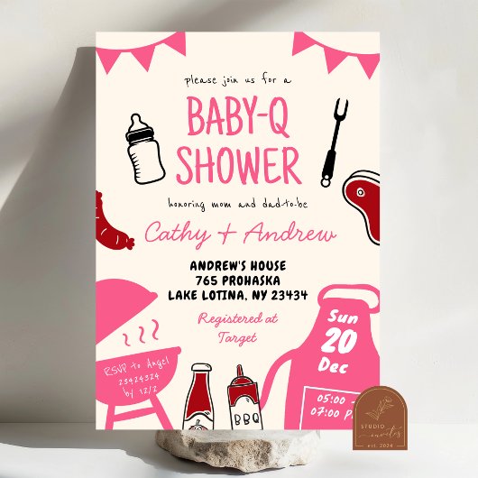 Handgezeichnete Minimalistische BaByQ-Girl-Babydus Einladung