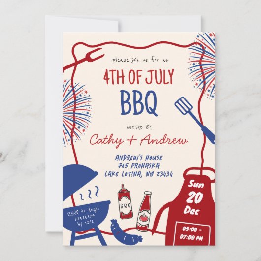 Handgezeichnete Minimalistische GRILLEN 4. Juli GR Einladung (Vorderseite)