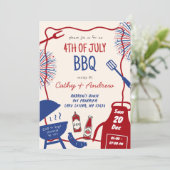 Handgezeichnete Minimalistische GRILLEN 4. Juli GR Einladung (Stehend Vorderseite)