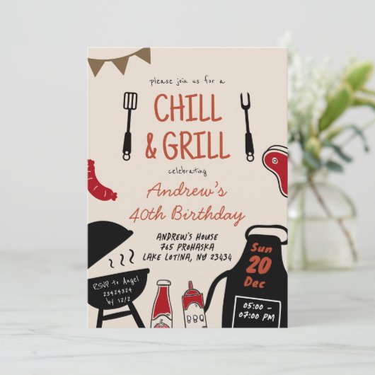 Handgezeichnete Minimalistische GRILLEN Chill and  Einladung (Stehend Vorderseite)