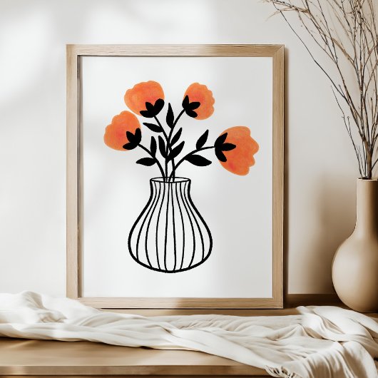 Handgezeichnete Mixed-Media-Vase und orangefarbene Poster