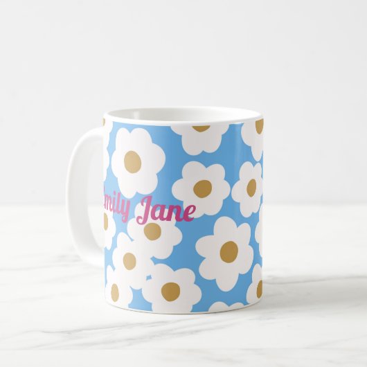 Handgezeichnete moderne Daisies Blue White Kaffeetasse (Vorderseite Links)
