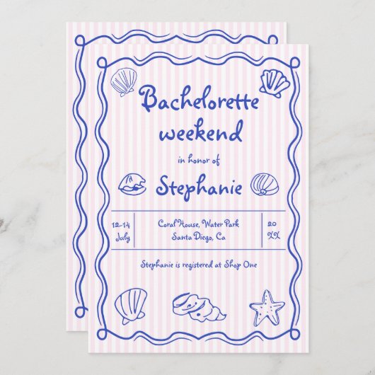 Handgezeichnete Muscheln Rosa Bachelorette Einladung (Vorne/Hinten)