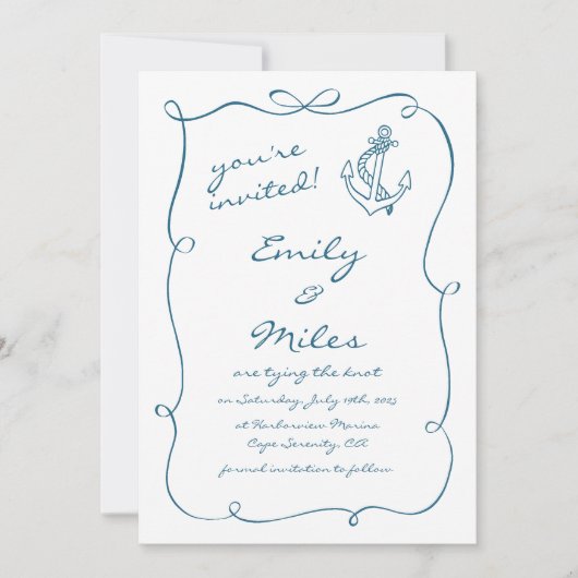 Handgezeichnete Nautische Hochzeit rettet das Datu Einladung (Vorderseite)