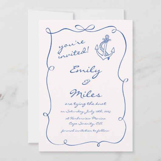 Handgezeichnete Nautische Hochzeit rettet das Datu Einladung (Vorderseite)