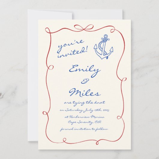 Handgezeichnete Nautische Hochzeit rettet das Datu Einladung (Vorderseite)