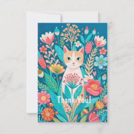 Handgezeichnete niedliche Katze und Blume Dankeskarte