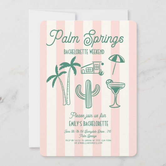Handgezeichnete Palm Springs Pink Bachelorette Woc Einladung (Vorderseite)