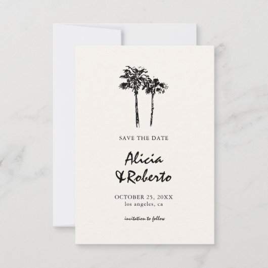 Handgezeichnete Palm Tree Tropical Boho Budget Hoc Save The Date (Vorderseite)