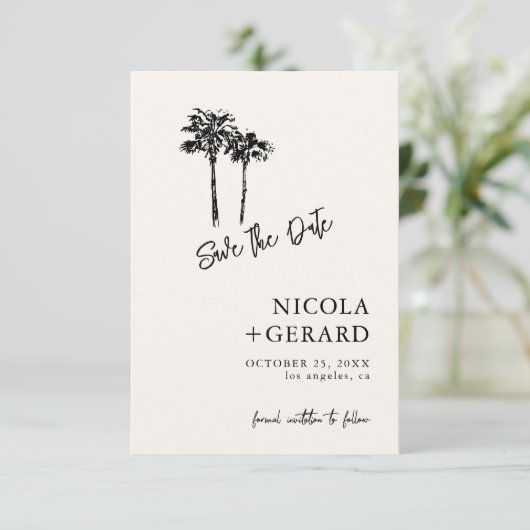 Handgezeichnete Palme Tree Tropical Kleine Hochzei Save The Date (Stehend Vorderseite)