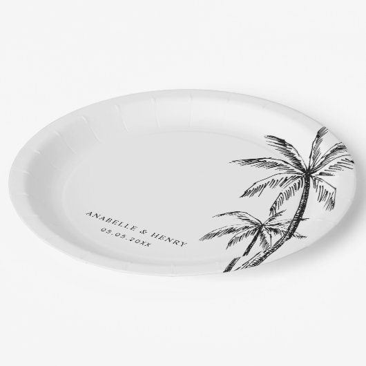 Handgezeichnete Palmen Trees Beach Hochzeit in Url Pappteller (Schrägansicht)