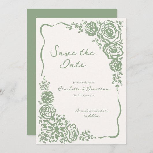 Handgezeichnete Peitsche Grüne Blütenhochzeit Save The Date (Vorne/Hinten)