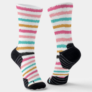 Handgezeichnete Pfirsich-Rosa-Teal-Streifen-Socken Socken