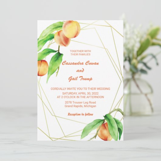 Handgezeichnete Pfirsiche Wasserfarbenprägung Einl Einladung (Stehend Vorderseite)