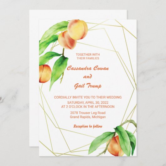 Handgezeichnete Pfirsiche Wasserfarbenprägung Einl Einladung (Vorne/Hinten)