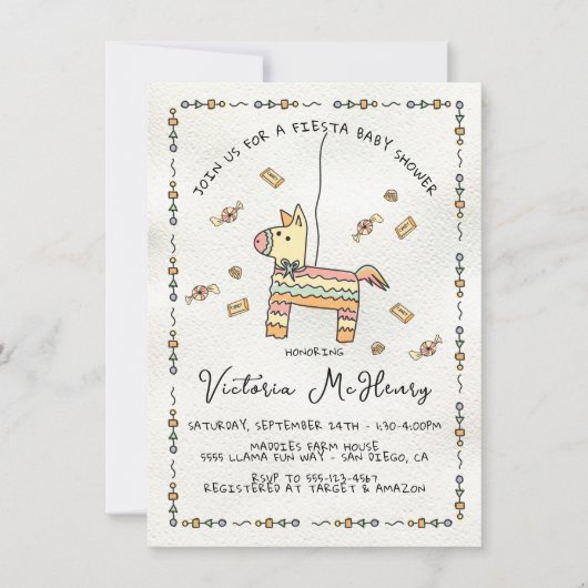 Handgezeichnete Piñata Mexican Fiesta Babydusche Einladung (Vorderseite)