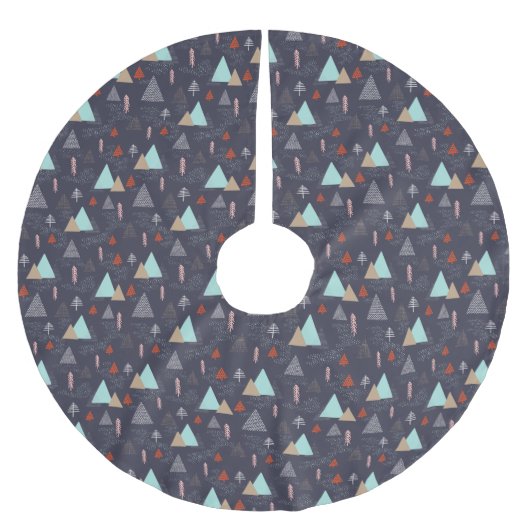 Handgezeichnete Pinienbäume im Schnee bei Nacht Polyester Weihnachtsbaumdecke (Vorderseite)