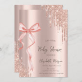 Handgezeichnete Pink Bow Rose Gold Tropfen Kinderd Einladung (Vorne/Hinten)