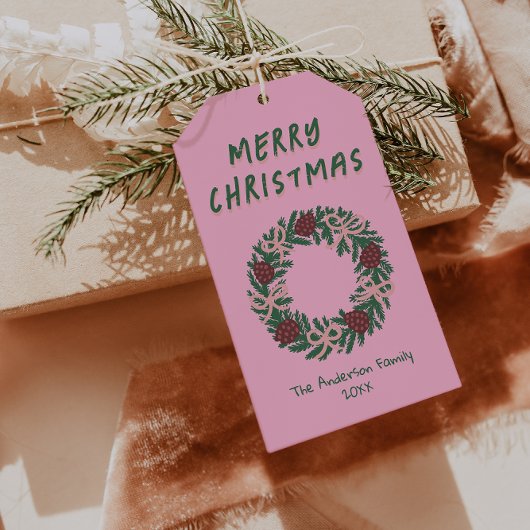 Handgezeichnete Pink Grüne Weihnachtskreide Bows Geschenkanhänger