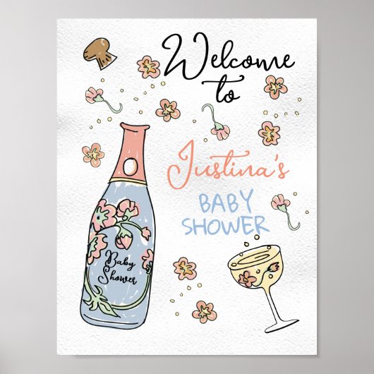 Handgezeichnete Presecco- und Petals-Babydusche Be Poster (Vorne)