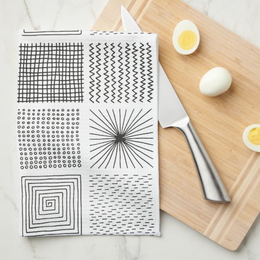 Handgezeichnete Quadrate Abstrakt Schwarz/Weiß B/W Geschirrtuch (Viertel Falte)