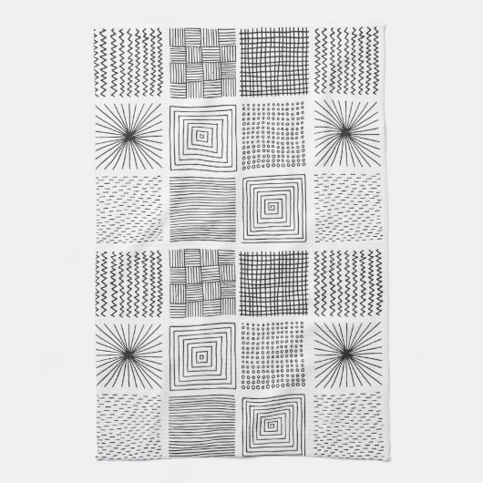 Handgezeichnete Quadrate Abstrakt Schwarz/Weiß B/W Geschirrtuch (Vertikal)
