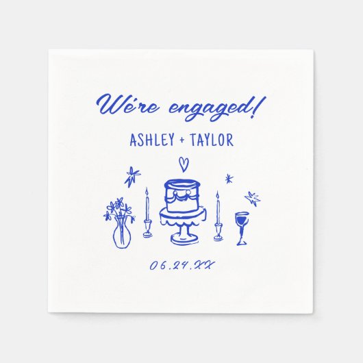 Handgezeichnete Quirky Blue Engagement Party Serviette (Vorderseite)