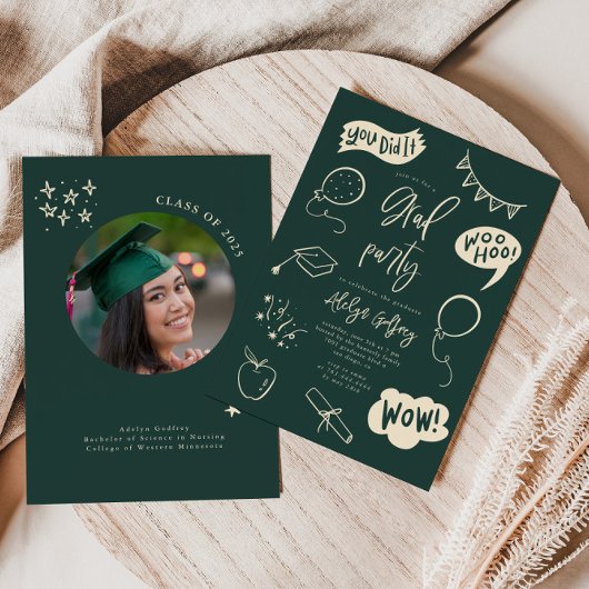 Handgezeichnete Quirky GreenGraduation-Party Einla Einladung