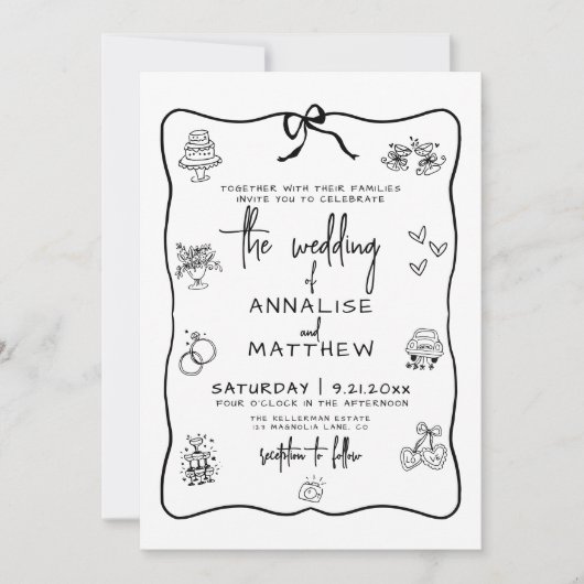 Handgezeichnete Quirky Whimsical Wedding Einladung (Vorderseite)