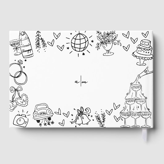 Handgezeichnete Quirky Whimsical Wedding Gästebuch (Rückseite)