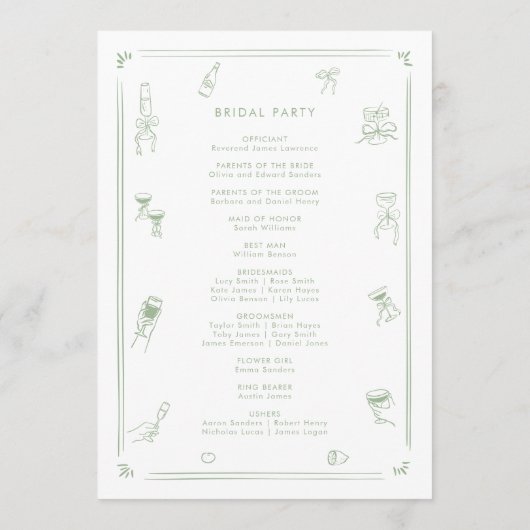 Handgezeichnete Quirky White and Sage Green Weddin Programm (Rückseite)