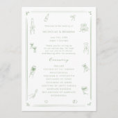 Handgezeichnete Quirky White and Sage Green Weddin Programm (Vorderseite)
