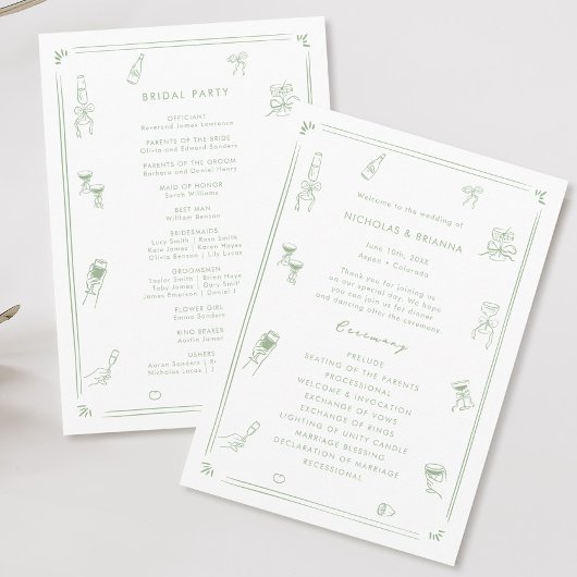 Handgezeichnete Quirky White and Sage Green Weddin Programm