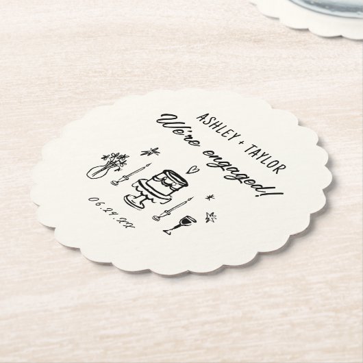 Handgezeichnete Quirky Wir sind Verlobte Engagemen Untersetzer (angewinkelt)