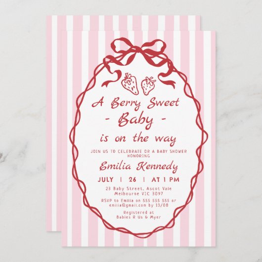 Handgezeichnete Red Berry Strawberry Baby Dusche Einladung (Vorne/Hinten)