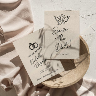 Handgezeichnete Retro-Cupid-Hochzeit mit skurrilem Save The Date