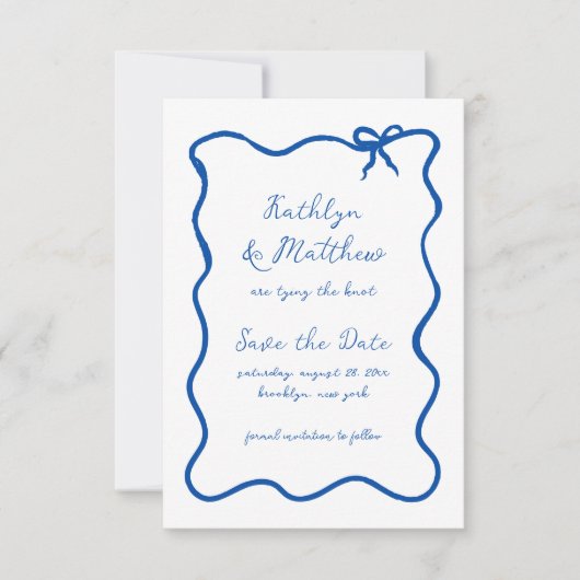 Handgezeichnete Ribbon Whimsical Französisch Blau Save The Date (Vorderseite)