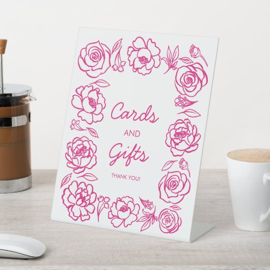 Handgezeichnete rosa Blumenkarten und Geschenke Sockelschild (In SItu)