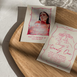 Handgezeichnete rosa Bow 21. Foto Geburtstagsparty Einladung