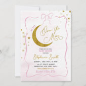 Handgezeichnete rosa Coquette über der Mond-Babydu Einladung (Vorderseite)