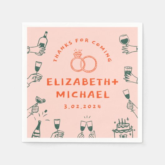 Handgezeichnete Rosa Funky Wedding Serviette (Vorderseite)