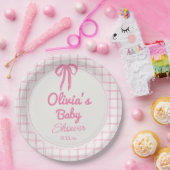 Handgezeichnete rosa Gingham-Schleife Baby-Mädchen Pappteller (Party)