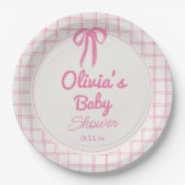 Handgezeichnete rosa Gingham-Schleife Baby-Mädchen Pappteller (Vorderseite)