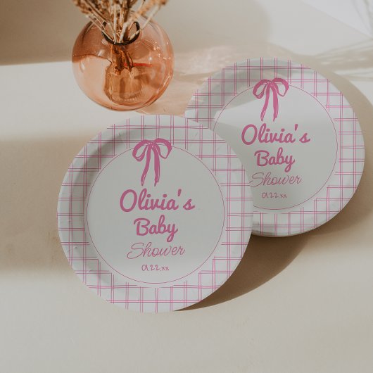 Handgezeichnete rosa Gingham-Schleife Baby-Mädchen Pappteller