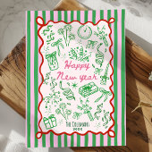 Handgezeichnete rosa-grüne Silvestergrüße Feiertagskarte