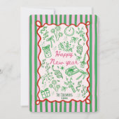 Handgezeichnete rosa-grüne Silvestergrüße Feiertagskarte (Vorderseite)