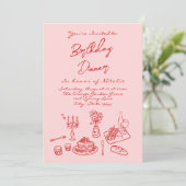 Handgezeichnete rosa Kokette Foto Geburtstagsfest Einladung (Stehend Vorderseite)