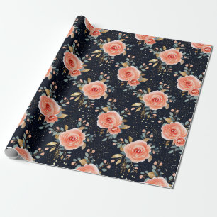 Handgezeichnete Rosa Rose, Navy & Gold Elegante Bl Geschenkpapier